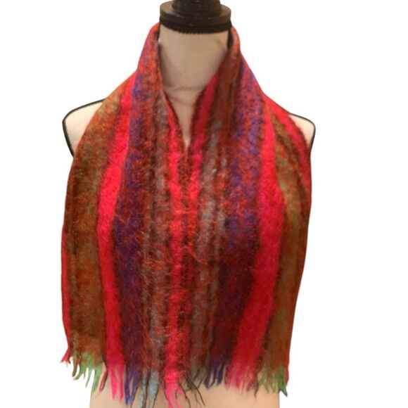 Vintage Wool Mohair/Wool Scarf, Scotland-Made Fringe Red Green Unisex 8”x44” - Picture 1 of 5